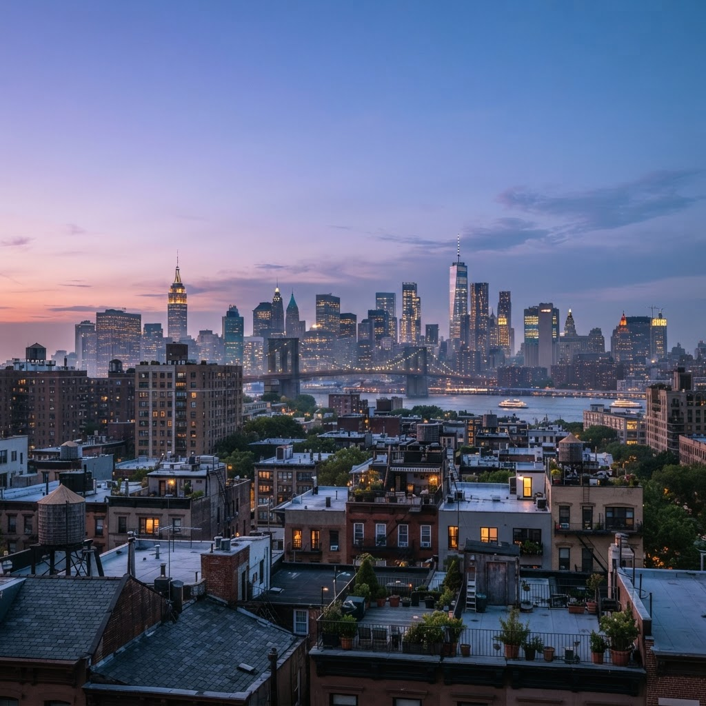 New York City skyline at dusk with a soft violet sky